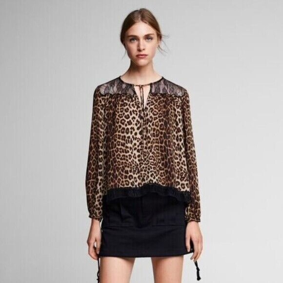 Zara Basic Animal Print Lace Trim Leopard Blouse Split Neck Size Small - Picture 1 of 9